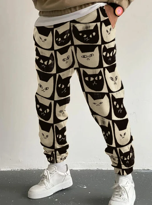 Men's Cat Checker Pattern Print Stylish Joggers Sweatpants
