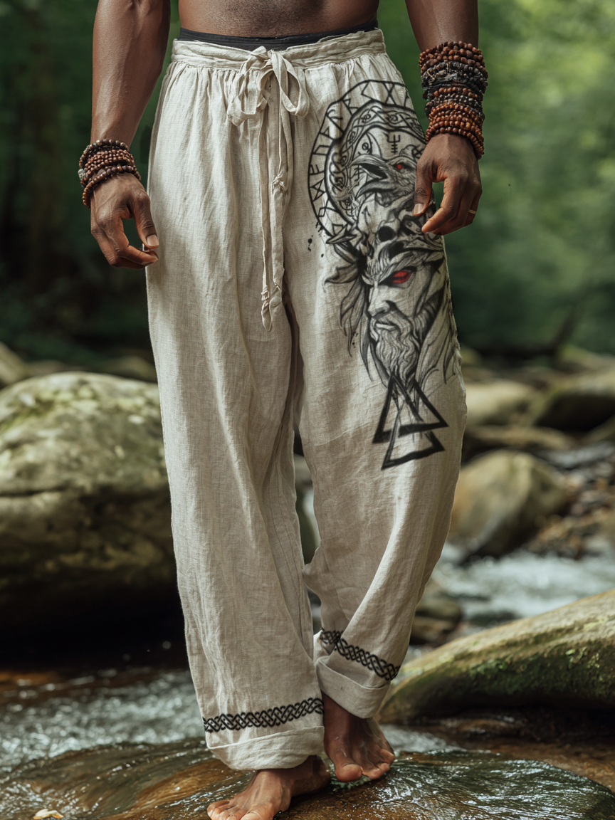 Men's Viking Holiday Style Vintage Ethnic Odin Totem Casual Linen Pants / Rvogue / Rvogue