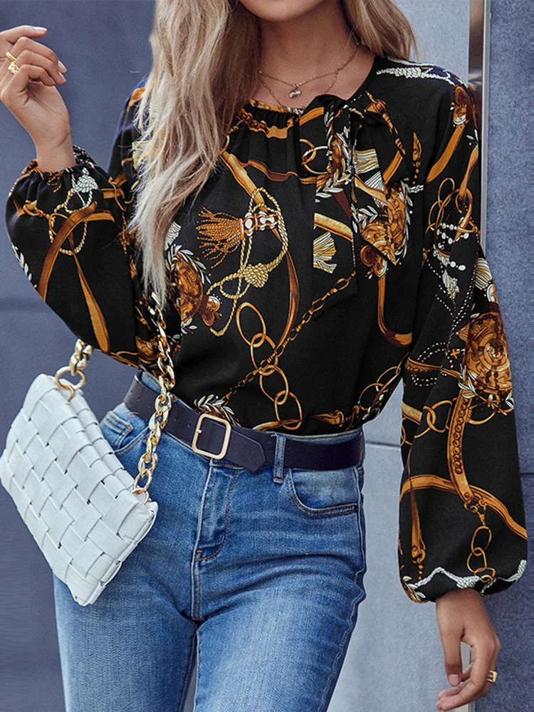 Printed Long Sleeves Lantern Sleeves Ladies' Tops and Blouses QueenFunky
