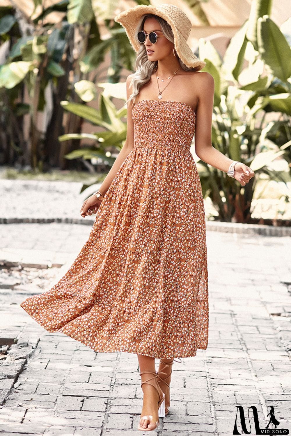 MidiSono - Floral Strapless Slit Midi Dress with Pockets