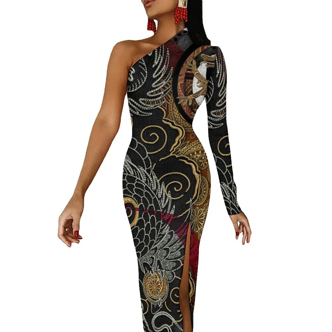Japanese Royal Dragon Emblem Women One Shoulder Split Dress Sexy Bodycon Flowy Mermaid Party Maxi Party Club Dresses
