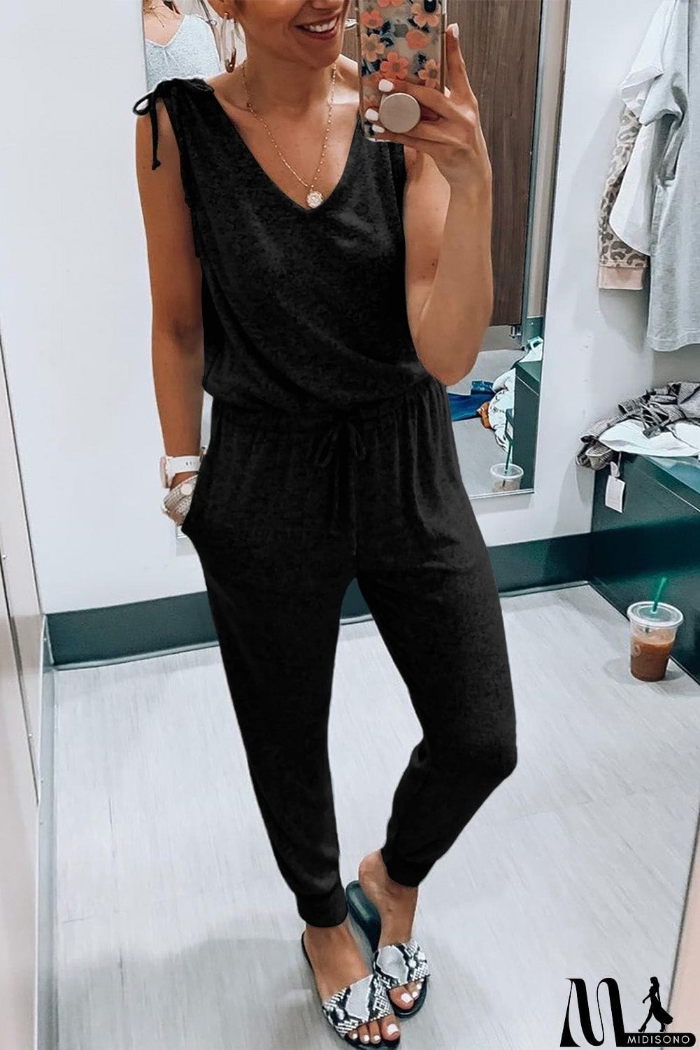 MidiSono - V Neck Tied Drawstring Sleeveless Jumpsuit