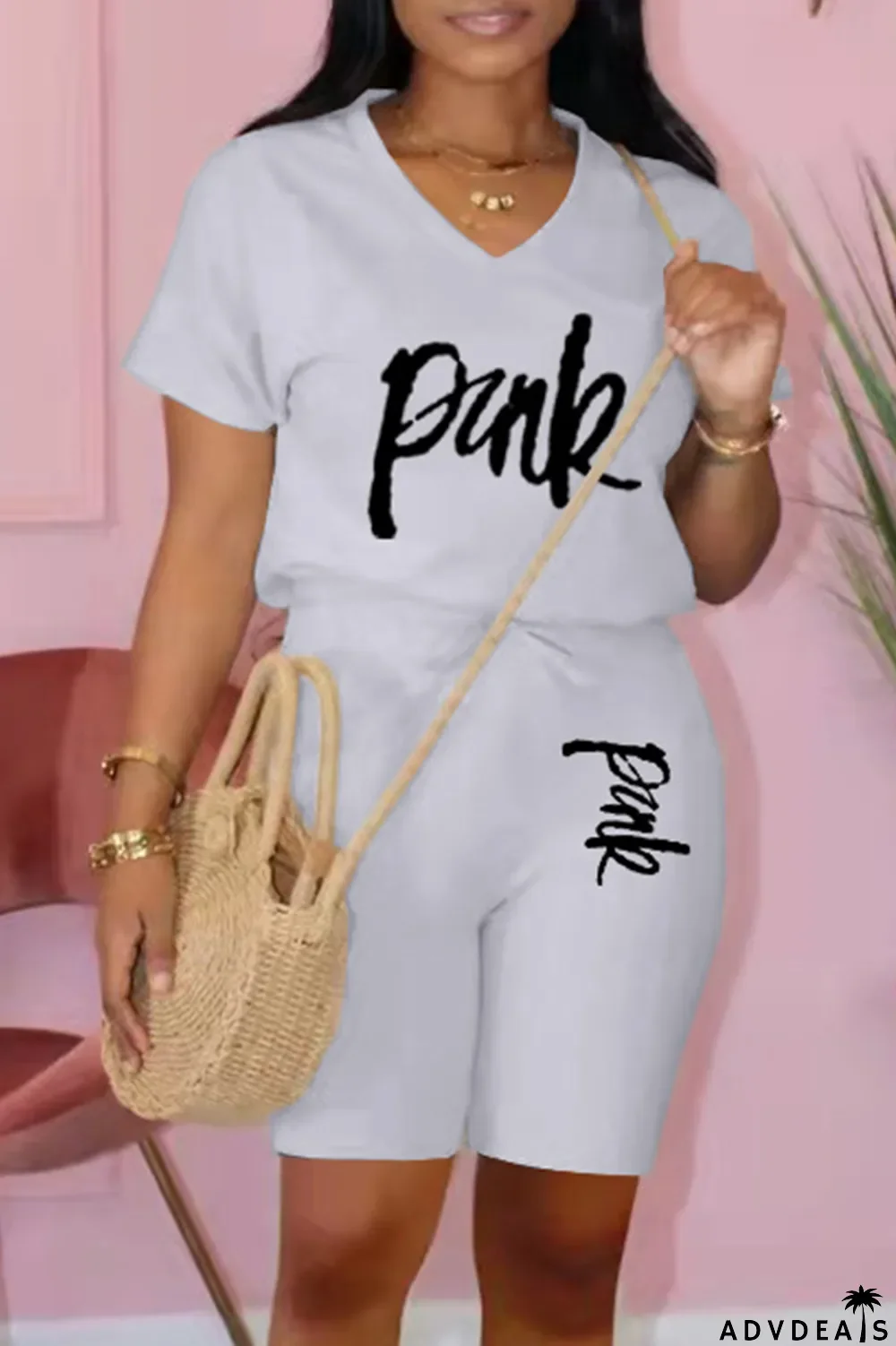 Apricot Fashion Casual Letter Print Basic V Neck Short Sleeve Two Pieces