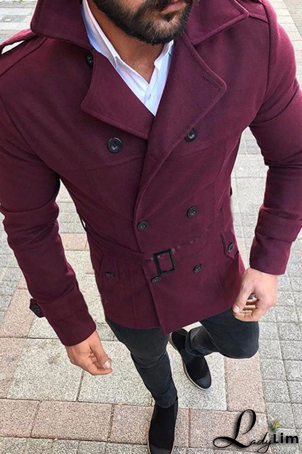 Blue Fashion Casual Solid Pocket Buckle With Belt Turndown Collar Outerwear