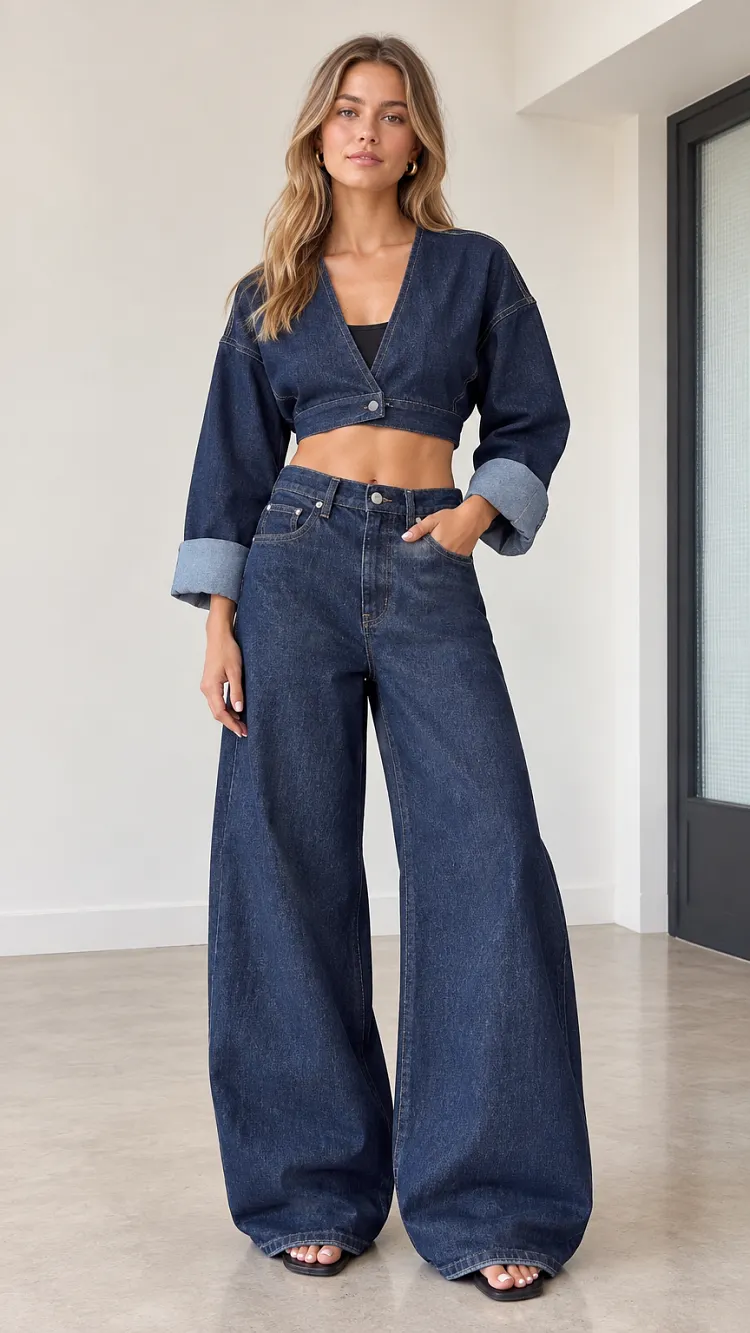 Women's Cropped V-Neck Denim Jacket and High-Waisted Wide-Leg Jeans Two-Piece Set