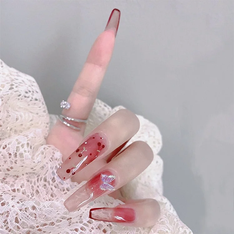 24pcs Gradient Cherry False Nails Tips Coffin Press On Nail with Butterfly Print Design Girl DIY Nail Patch Removable Fake Nails