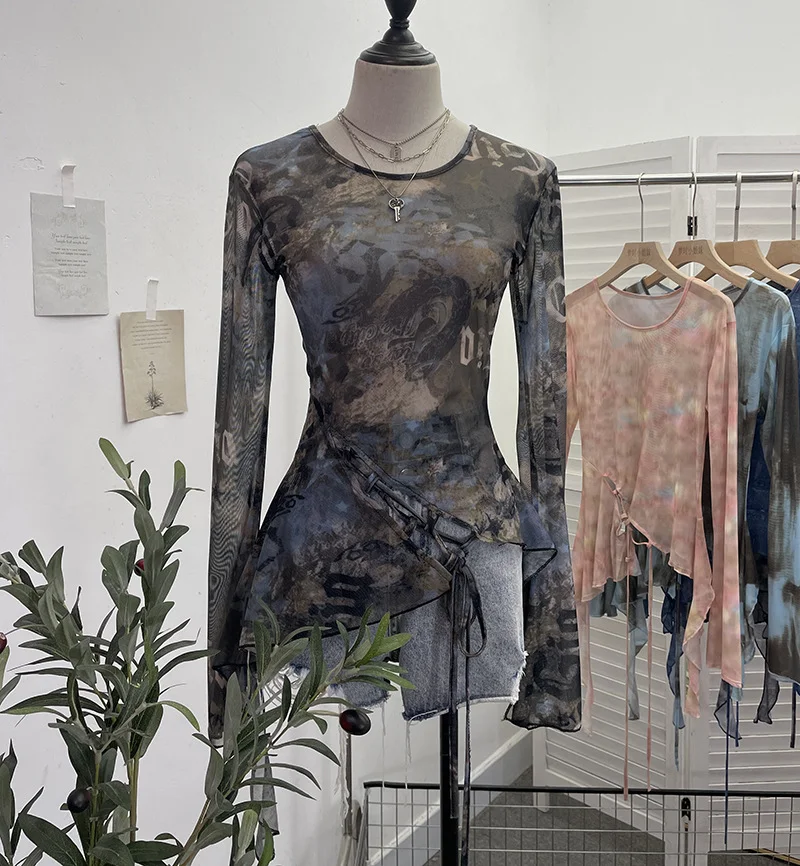 Uveng Irregular Tie With Lotus Leaf Side Tie Print Mesh Yarn Perspective Sunscreen Shirt T-Shirt T-Shirt Short T-Shirt 9928