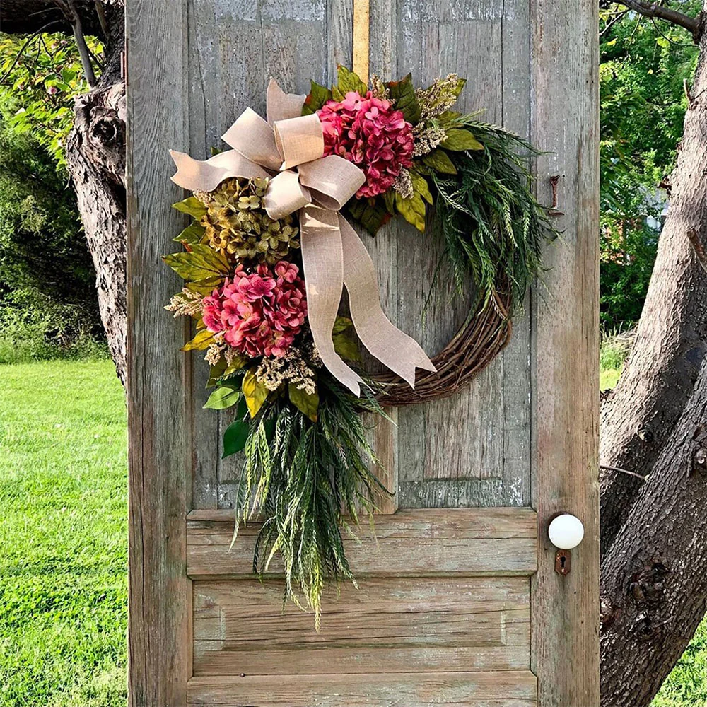 Double Hydrangea Wreath with Bamboo and Rattan  bow-knot