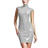High Neck Wetlook Bodycon Mini Dress Women Short Sleeve Turtleneck Slim PVC Dress Ladies Full Zipper Dress Plus Size Clubwear