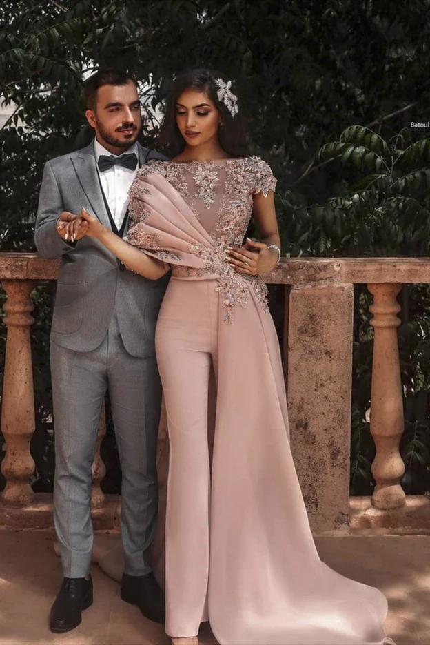 Dusty Pink Women Jumspuits Evening Dresses Arabic Style Short Sleeves Lace Applique Beaded Peplum Lady Pantsuit| Risias