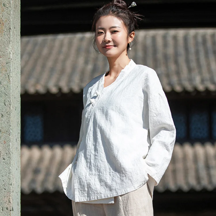 Casual Solid Color Long Sleeve V-Neck Top - yankia
