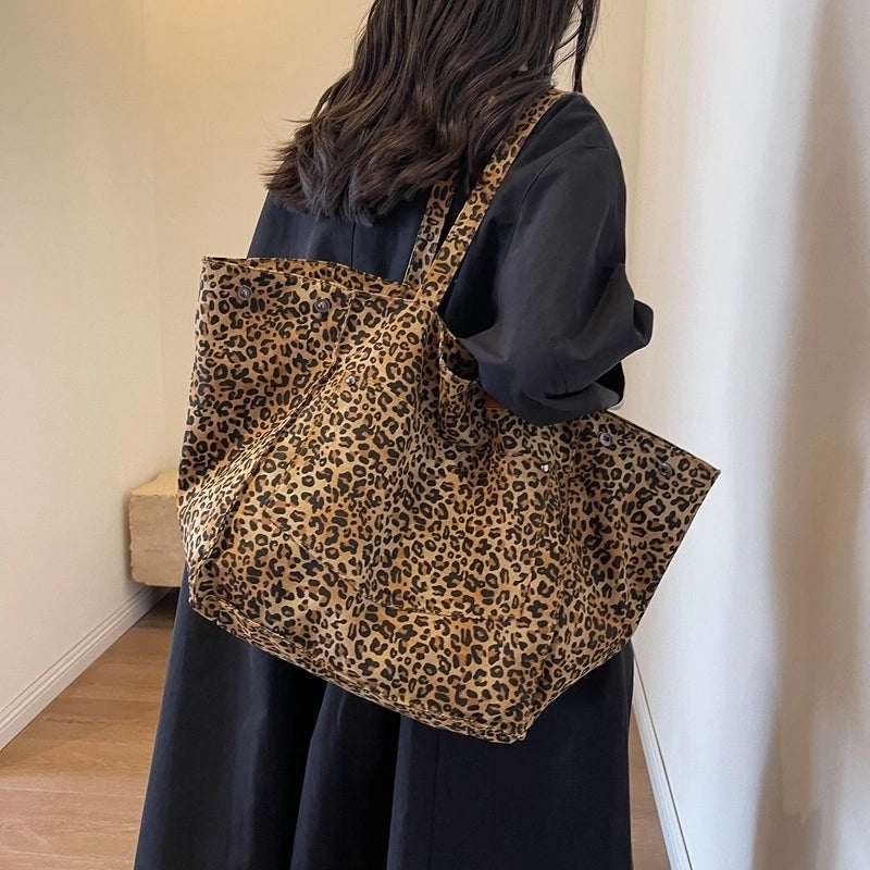 Leopard Print Canvas Tote Large Capacity Bag For Women New Trendy Fashion Original Design Portable Commuter Bag Shoulder