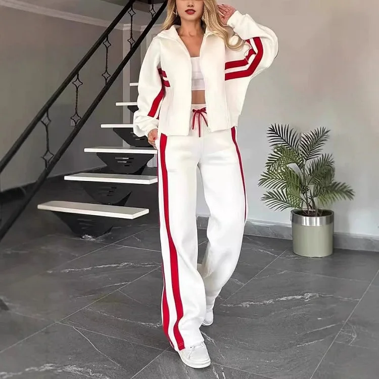🔥Women's Striped Zipper Jacket & Casual Pants 2-Piece Set 