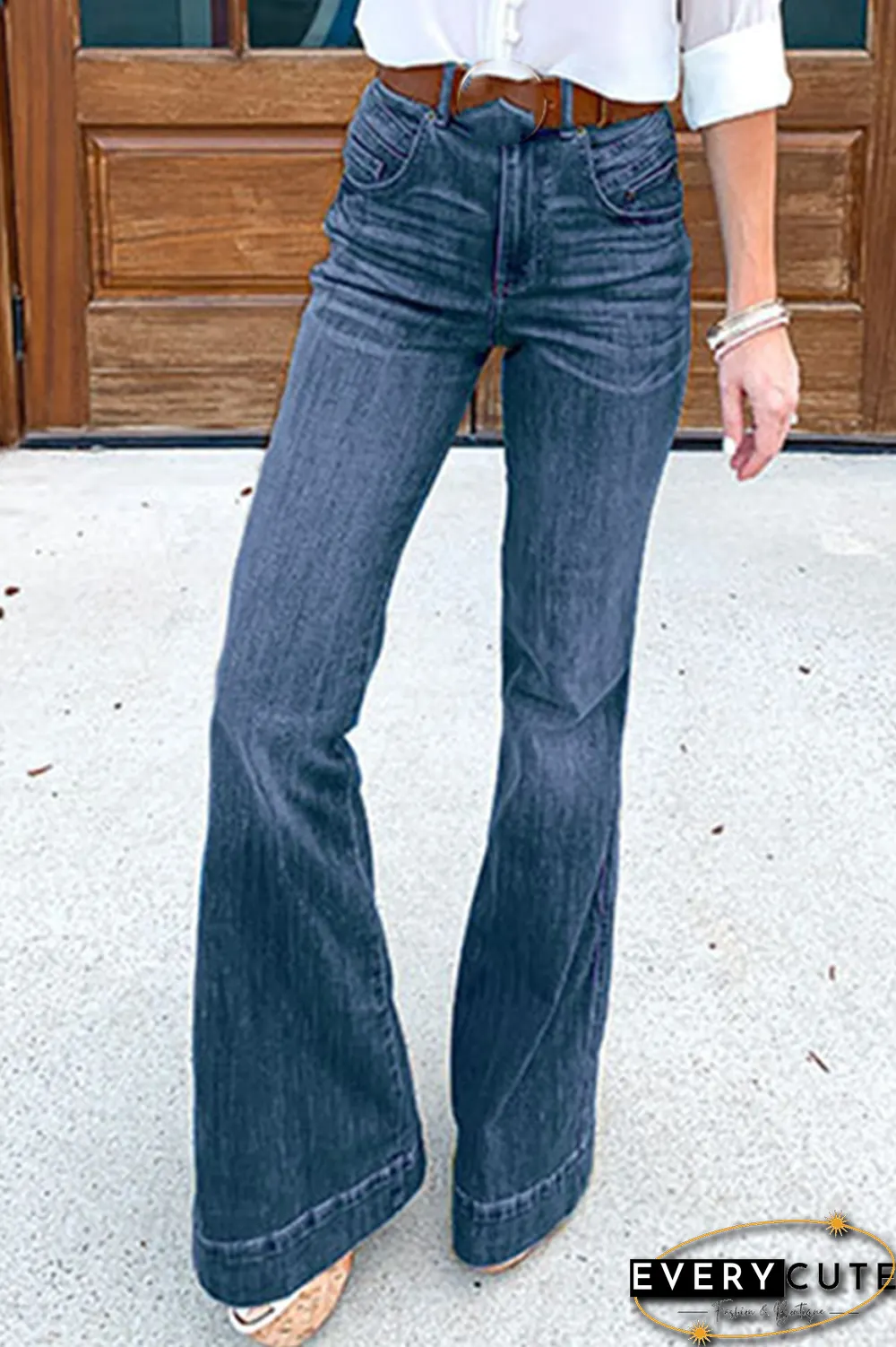 Casual Solid Split Joint Boot Cut Denim Jeans