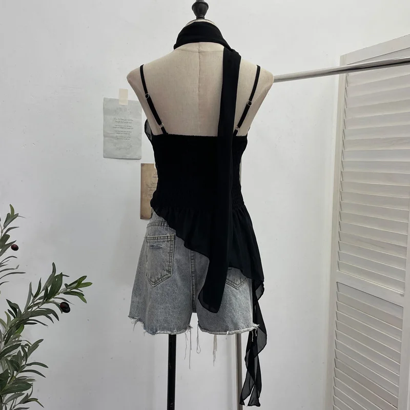 Nigikala Nigikala Irregular Lotus Leaf Edge Ribbon Ribbon Sling Sling Waist Neck Tie With Short Top 9239