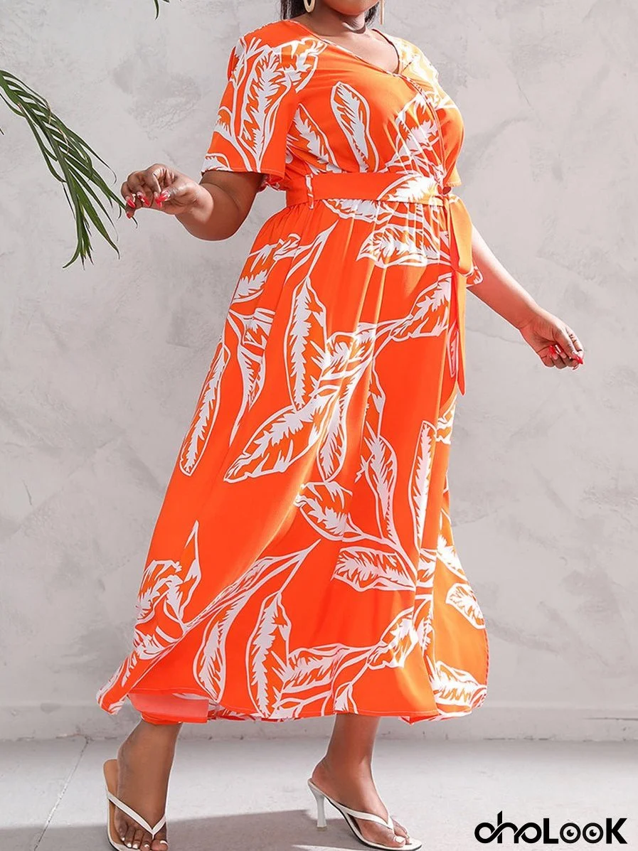 Plus Size Printed Surplice Short Sleeve Maxi Dress