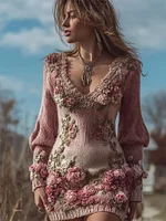 Vintage Pink Floral Crochet Dyed V Neck Knit Sweater Dress