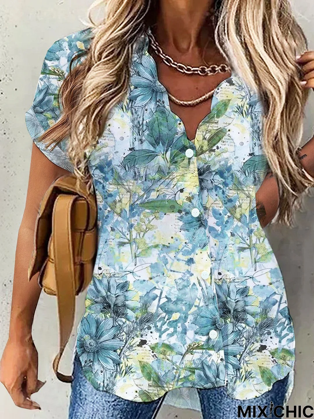 V Neck Casual Floral Printed Blouse