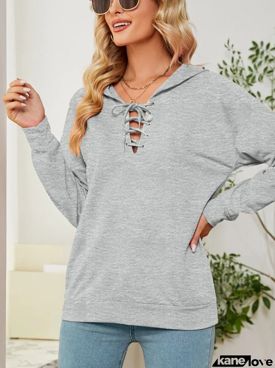 Solid Color Neckline Long Sleeve Hoodie