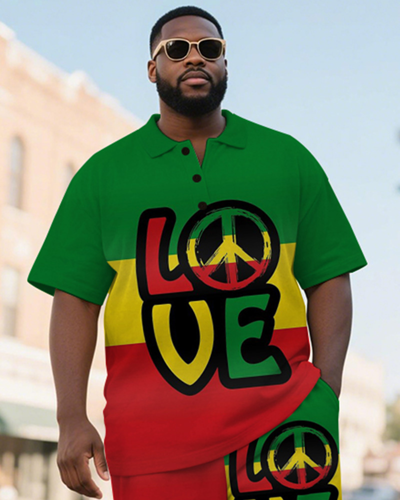 Men's Plus Size Green Yellow Red Colorblock Love Letter Print Short Sleeve Polo Shirt Shorts Suit