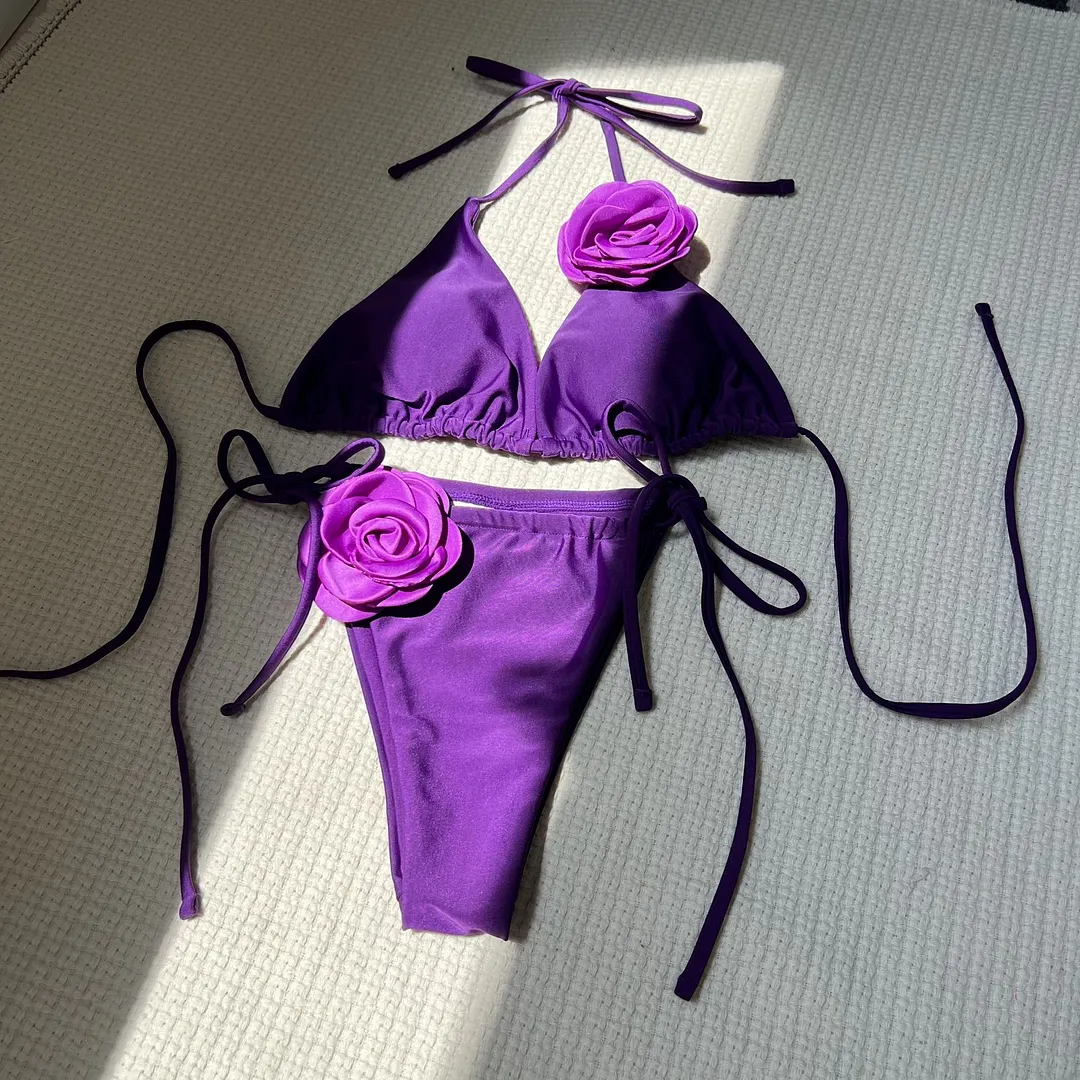 Churchf 2024 European New Solid-Color Rose Drawstring Split Swimsuit Bikini9187