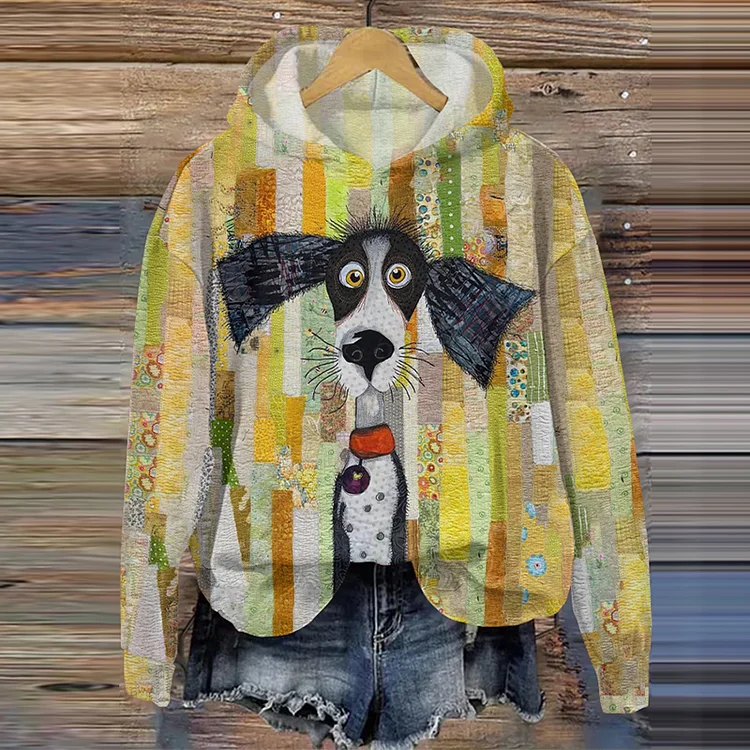 Utbros Retro Fun Patchwork Dog Print Casual Hoodie