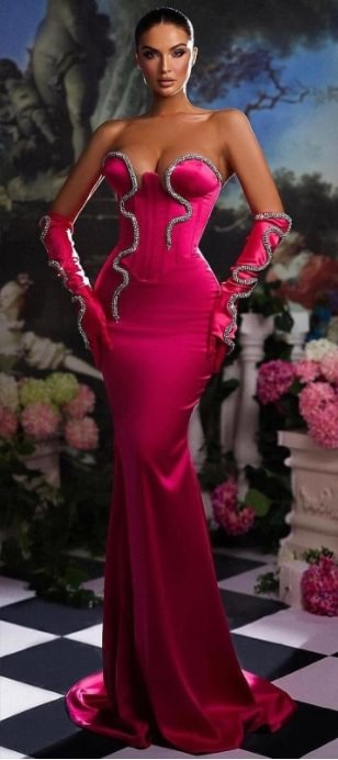 Lisliy Pink Strapless Mermaid Beaded Prom Dress Long With Gloves