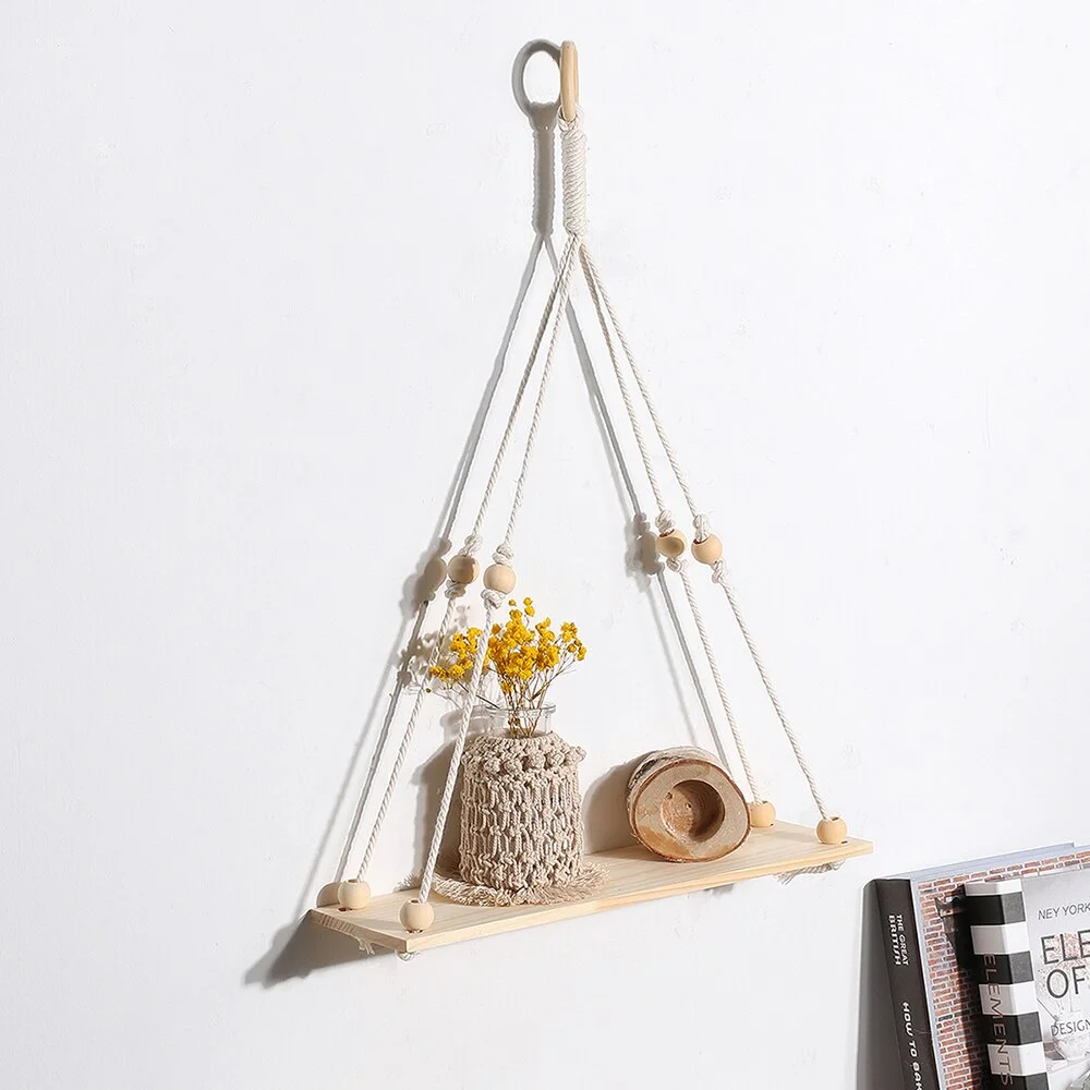 2 pcs Wall Shelves Macrame Plant Storage Hanging Wooden Shelf Boho Home Decor Girls Living Room Decoration Bedroom Candle