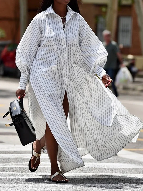 Long Sleeves Loose Buttoned Split-Side Striped Lapel Maxi Dresses Shirt Dress