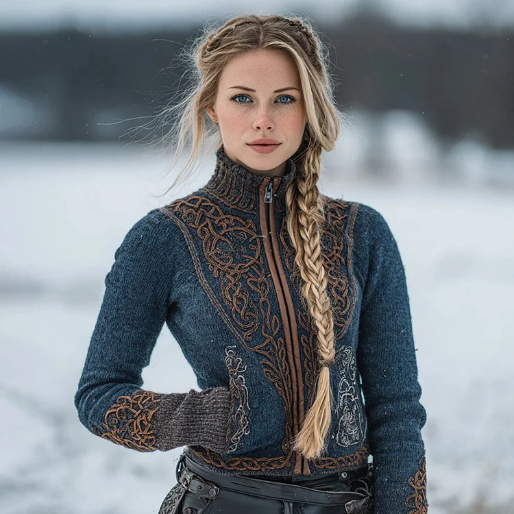 Women's Vintage Viking Celtic Knot Cable Knot Zipper Cardigan