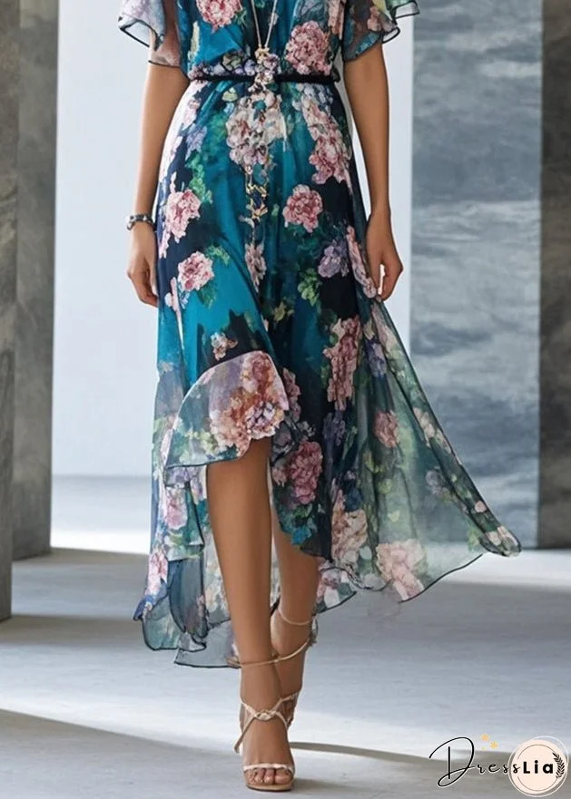 Style Peacock Blue Print Chiffon Party Dress Summer