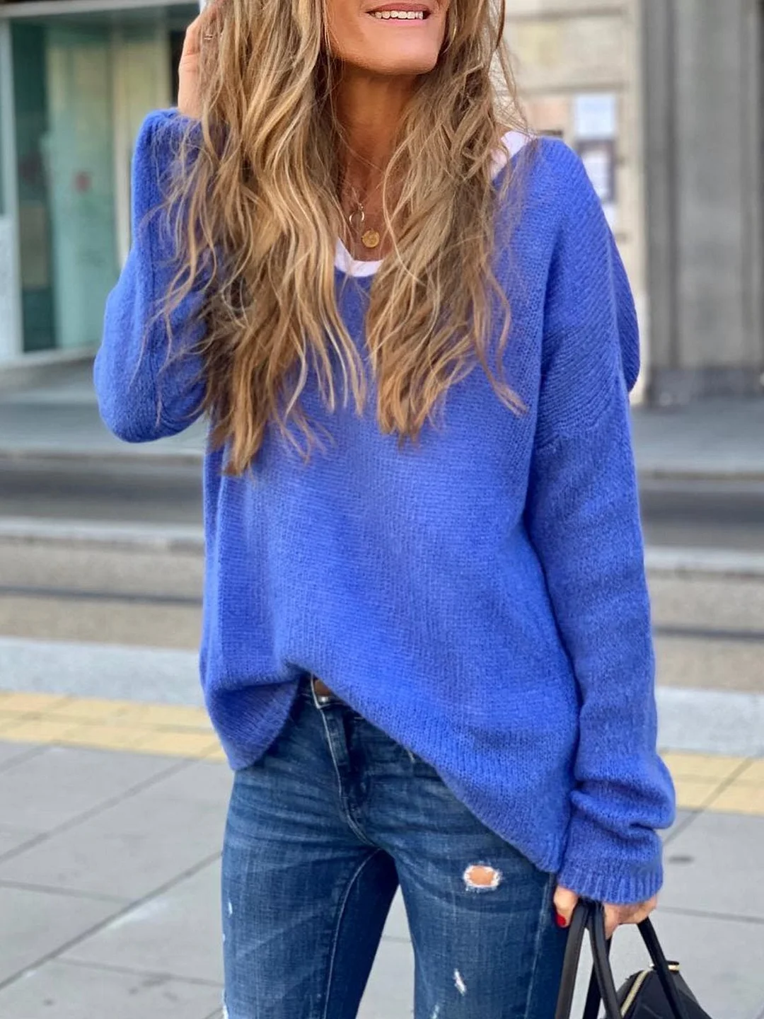 Blue Long Sleeve V Neck Shirts & Tops