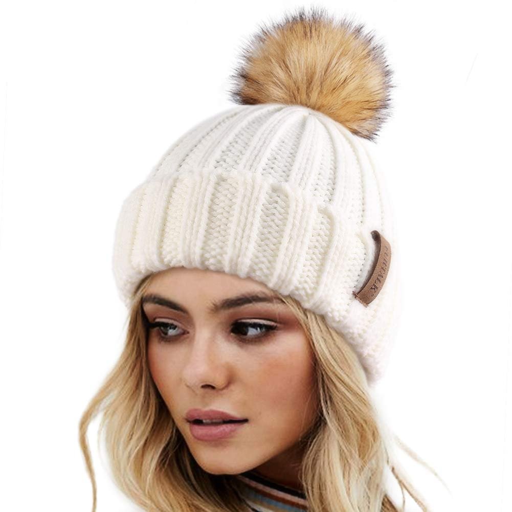 Winter Knitted Beanie Hat with Faux Fur Pom Warm Knit Skull Cap Beanie for Women
