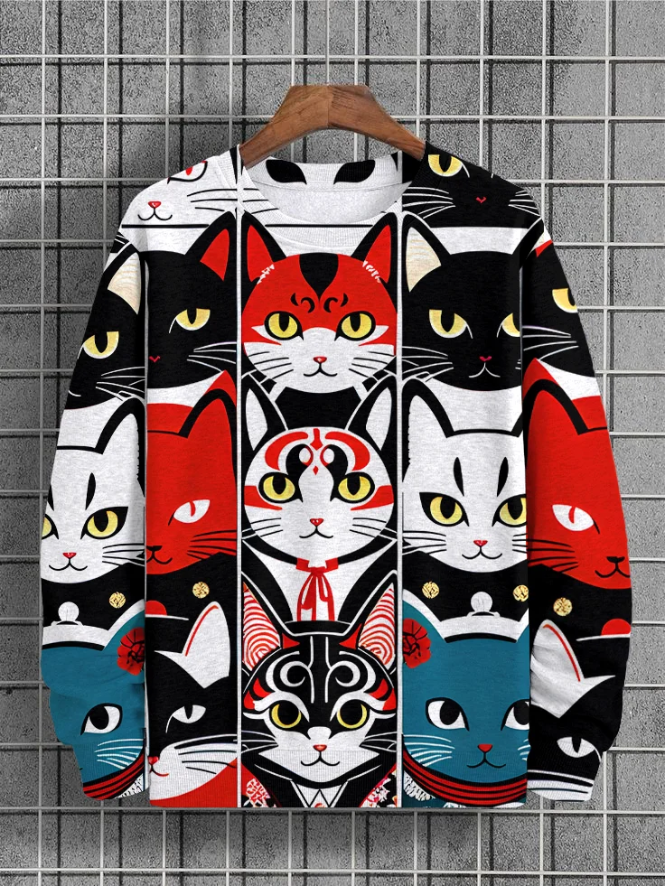 Men's Traditional Pattern Cats Japanese Art Print Casual Sweatshirt