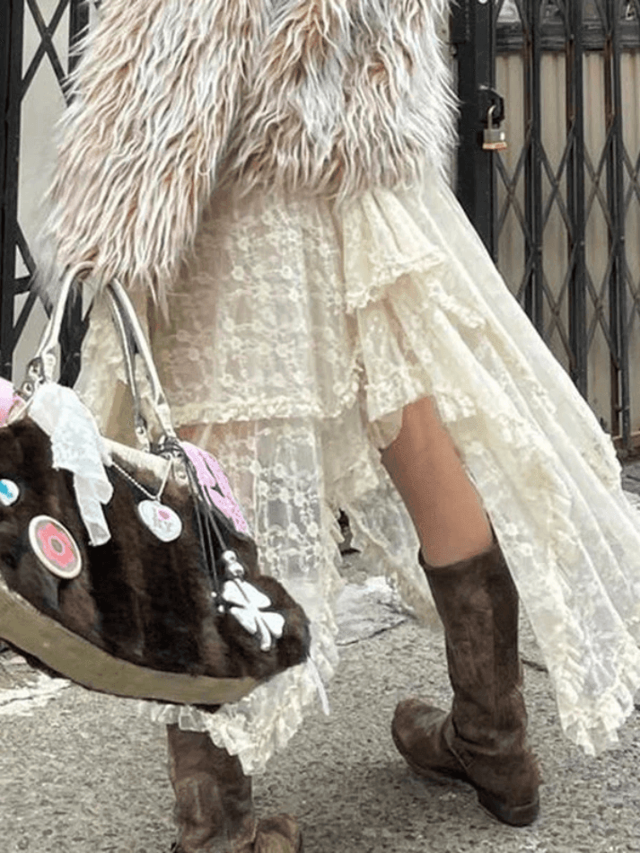 Brownm Irregular Lace Ruffle Skirt