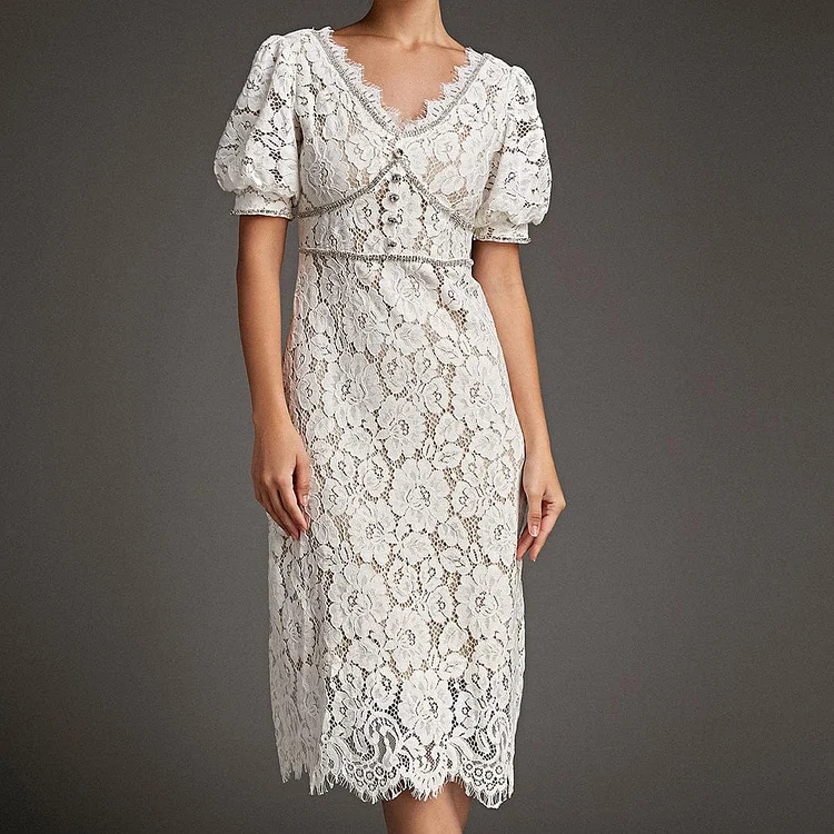 White Lace Overlay V-Neck Rhinestone Detail Midi Dress QueenFunky