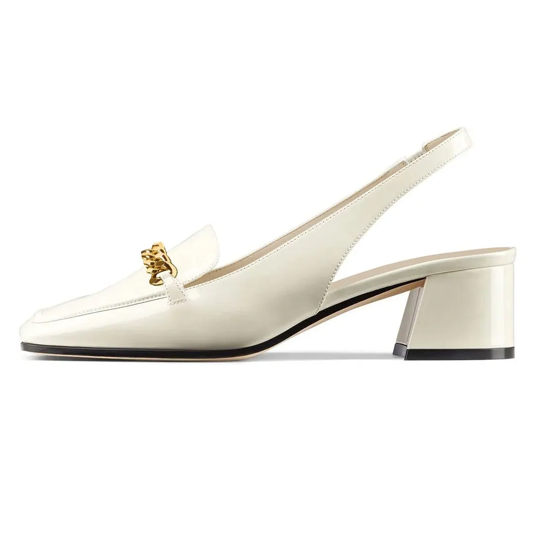 Patent Leather Square Toe Chain Block Heel Slingback Shoes in Ivory
