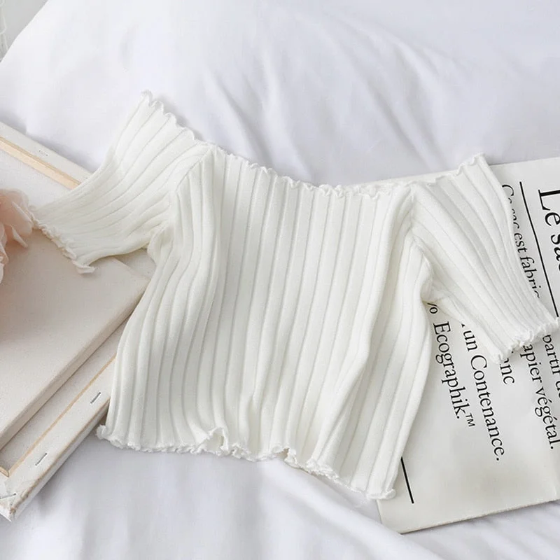 Women T-shirt Off Shoulder Knitting Crop Tops Women Fashion Solid Short Sleeve Skinny T-shirts Women 2020 Summer