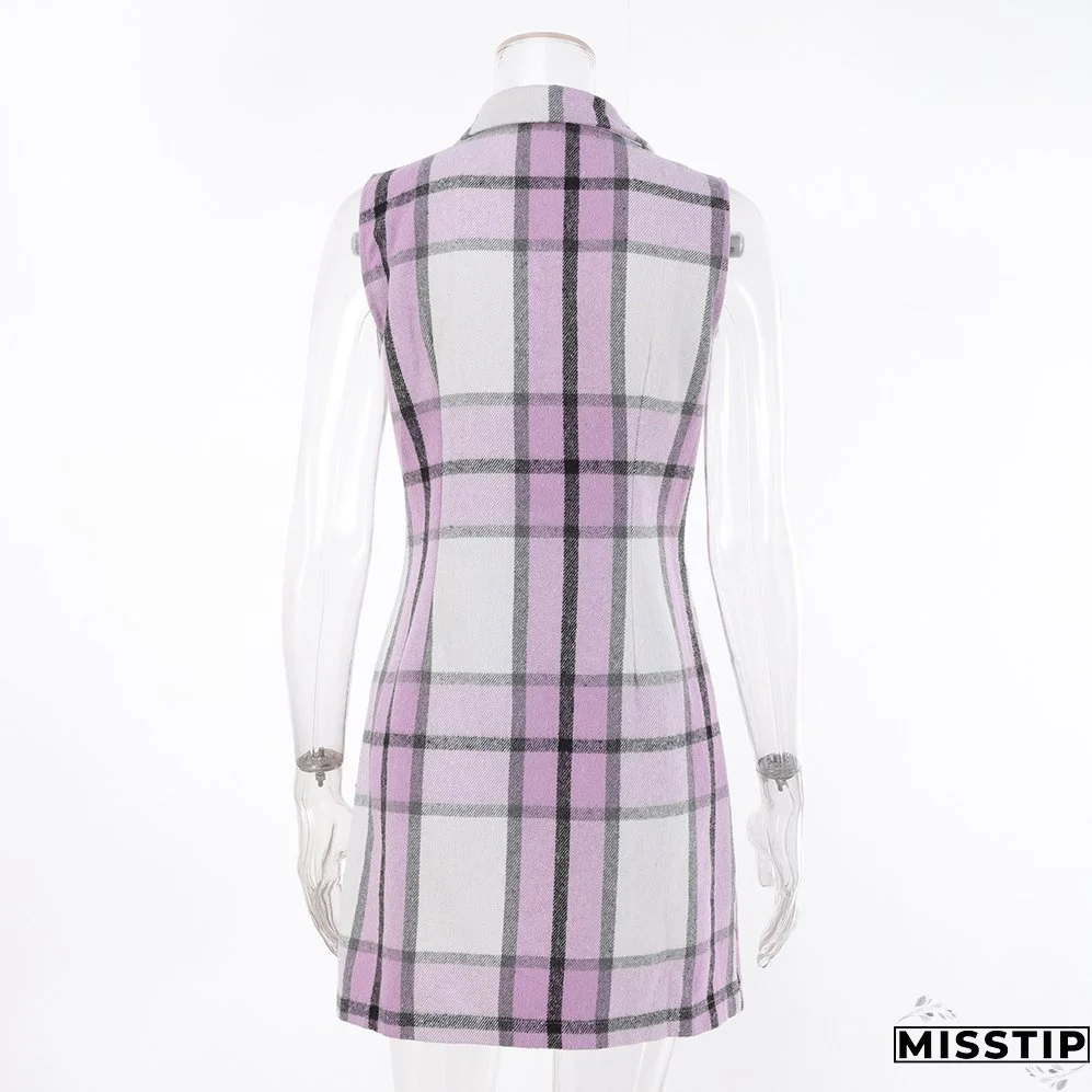 Women's Fashion Plaid Long Vest Turndown Collar Sleeveless Blazer