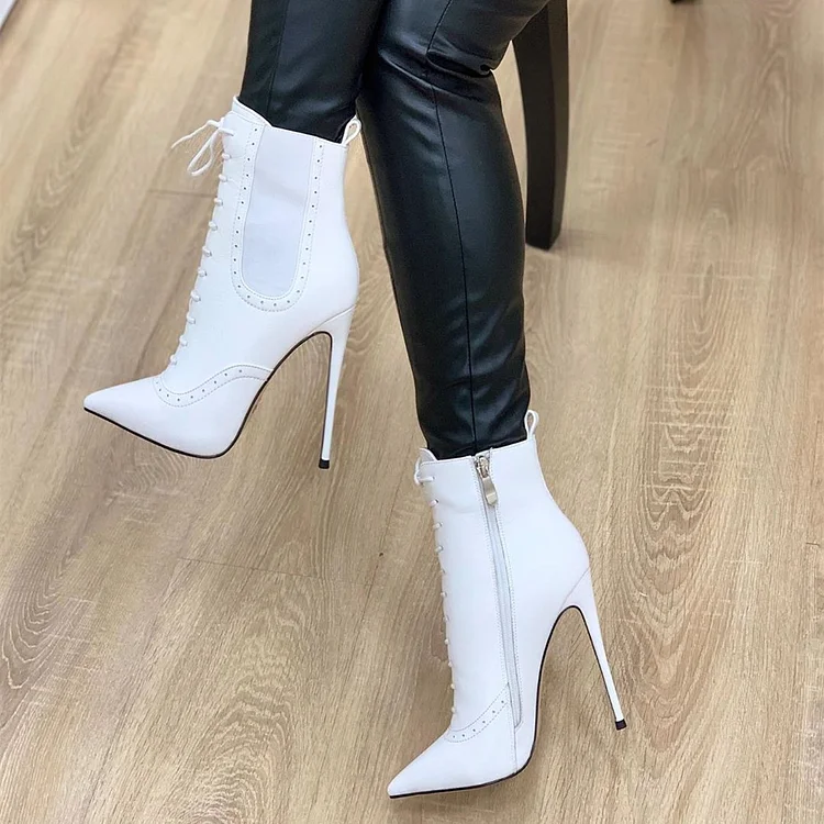 White Lace Up Boots Stiletto Heel Pointy Toe Ankle Boots |FSJ Shoes