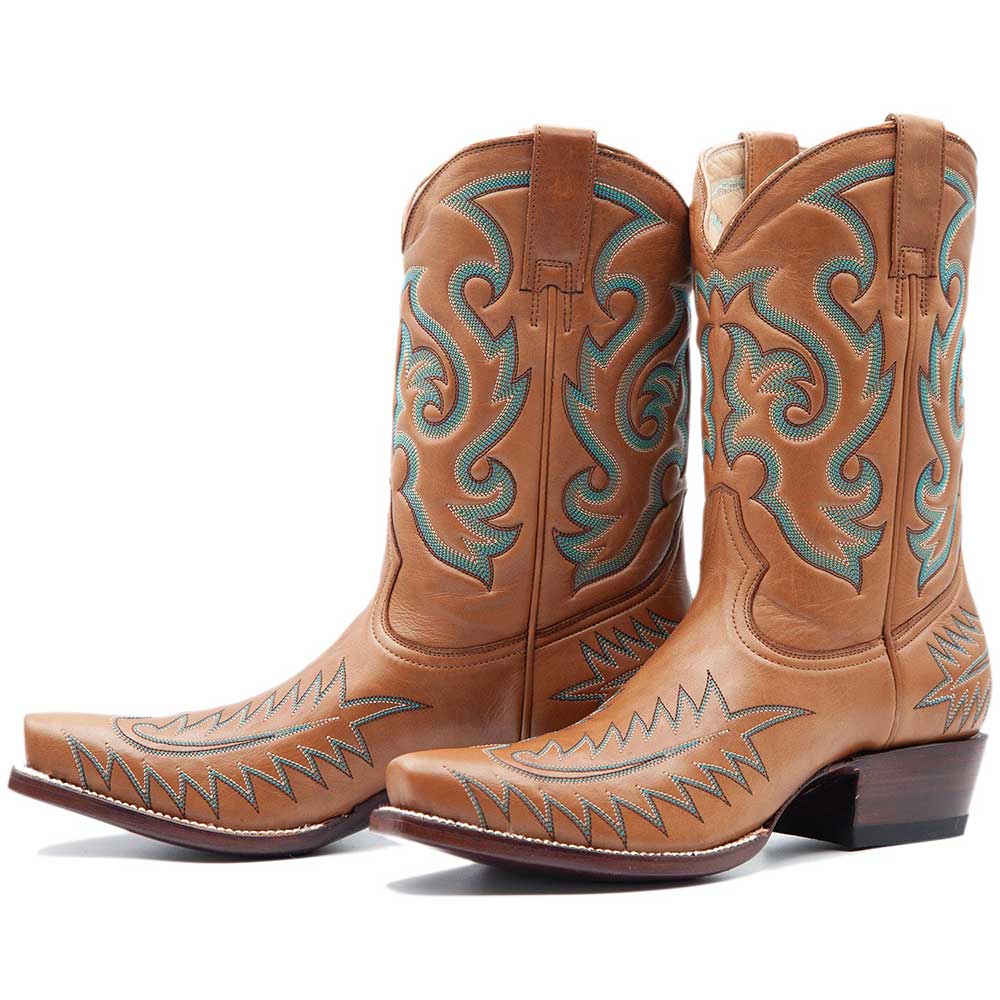 Snip Toe Block Heel Blue Stitching Mid-Calf Cowgirl Boots in Tan Nicepairs