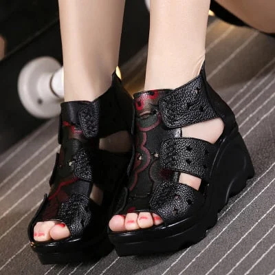 2022 Ethnic Style Genuine Leather Women Shoes Sandals Wedges Sandals Handmade Genuine Leather Women Sandal