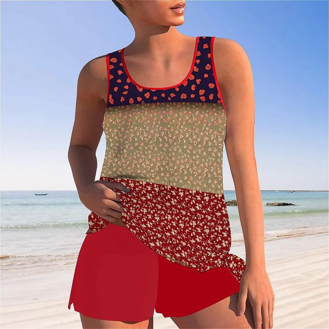 Bowknot Floral,Polka Dot,Red,Light Coffe,Navy,Stitch Mid Waisted Tankini Set - Plus Size Available