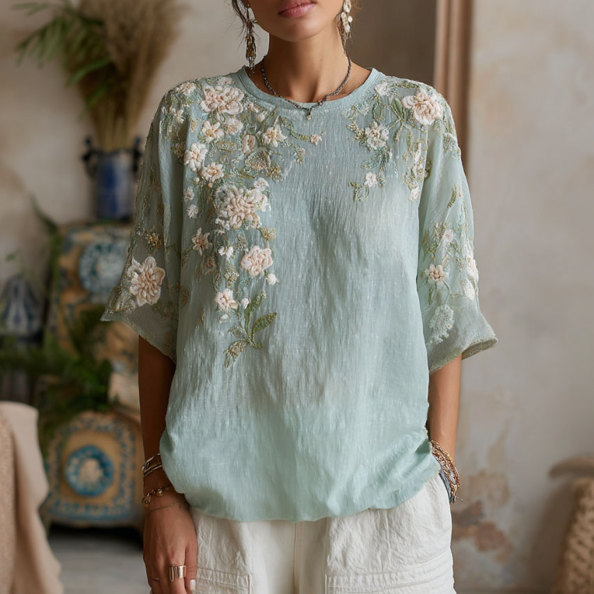 Women's Floral Art Print Linen Blend Casual T-shirt elevenforest