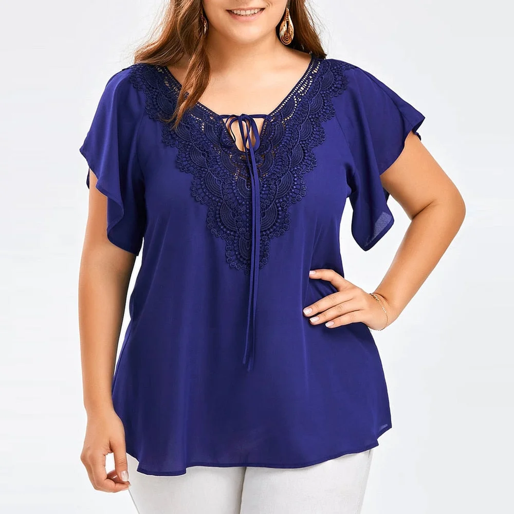 Feitong Plus Size Summer Fashion Women Lady Chiffon Lace V-Neck Ladies Loose Shirt Tops Casual Short Sleeve Blouse Female Blusa