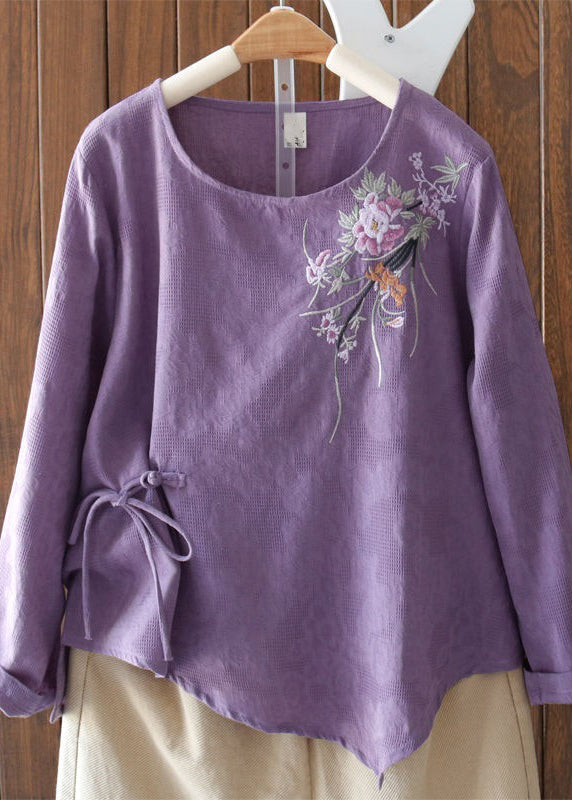 VCSHOES Purple Embroidered Lace Up Cotton Blouses Long Sleeve