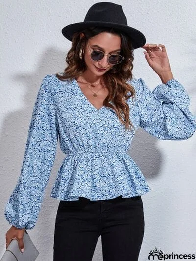 Floral V-Neck Balloon Sleeve Peplum Blouse