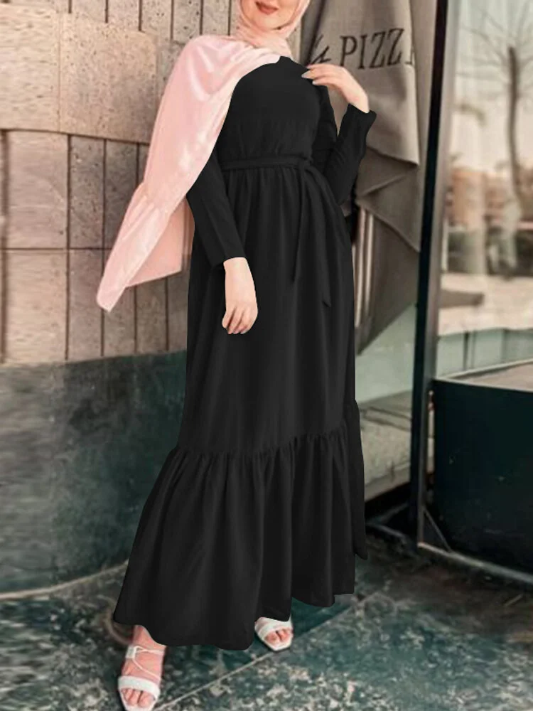 Ethnic Solid Color Knotted Patchwork Long Sleeve Casual Dress With Belt
