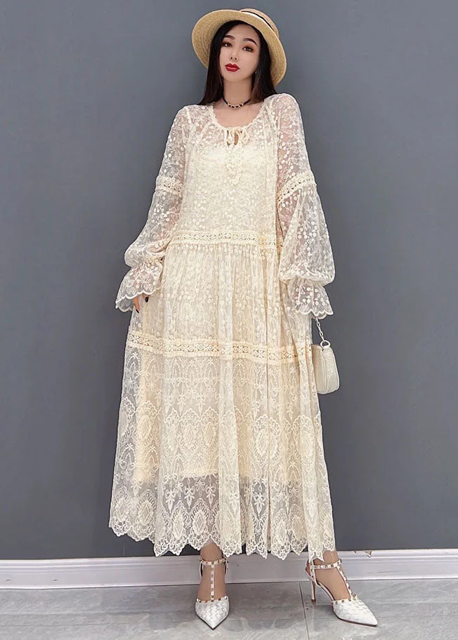 Women Beige O-Neck Hollow Out Lace Holiday Dress Long Sleeve