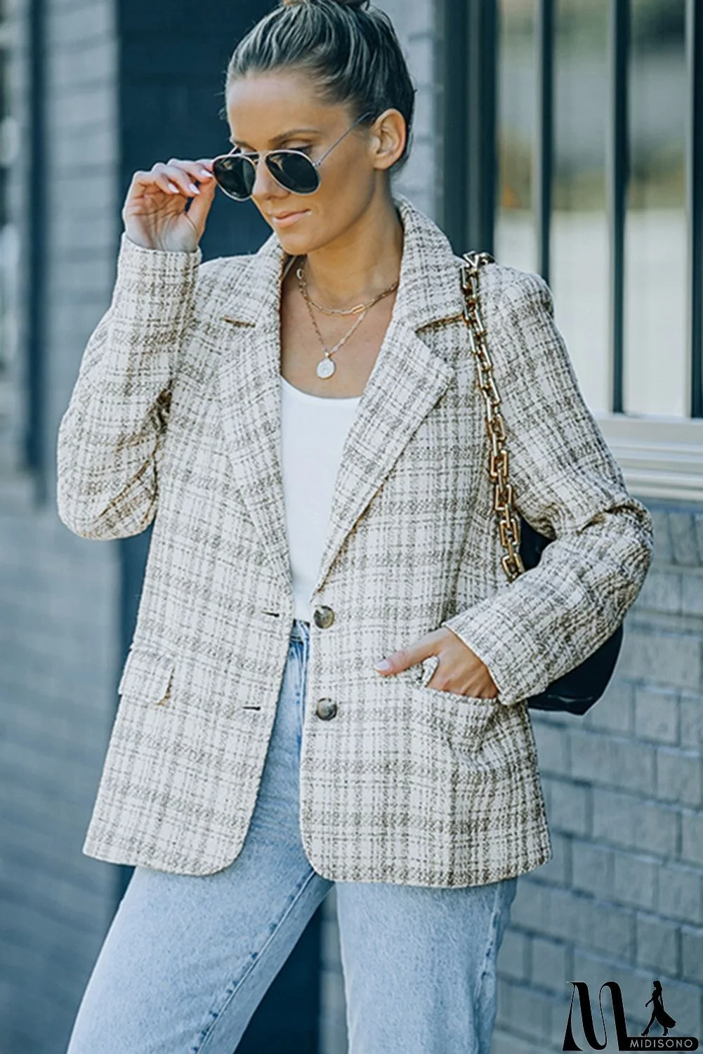 MidiSono - Pockets Lapel Collar Plaid Blazer